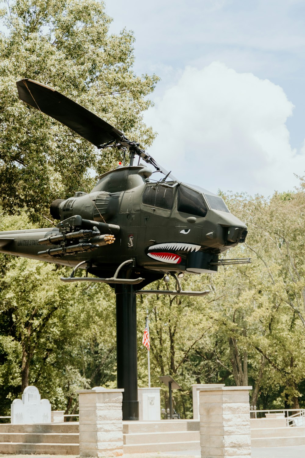 a military helicopter on display