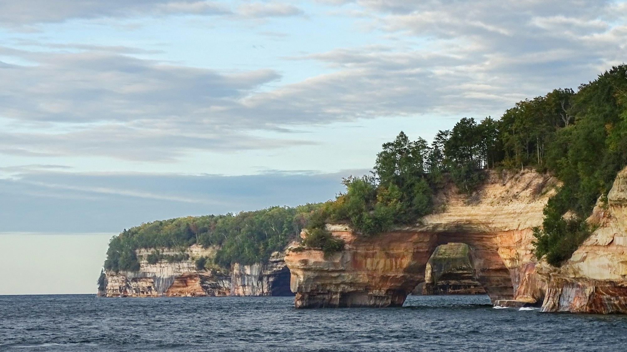 View of Pictured Rocks from a boat in Lake Superior. 30 September 2016. Photo taken by Rocky Friz.