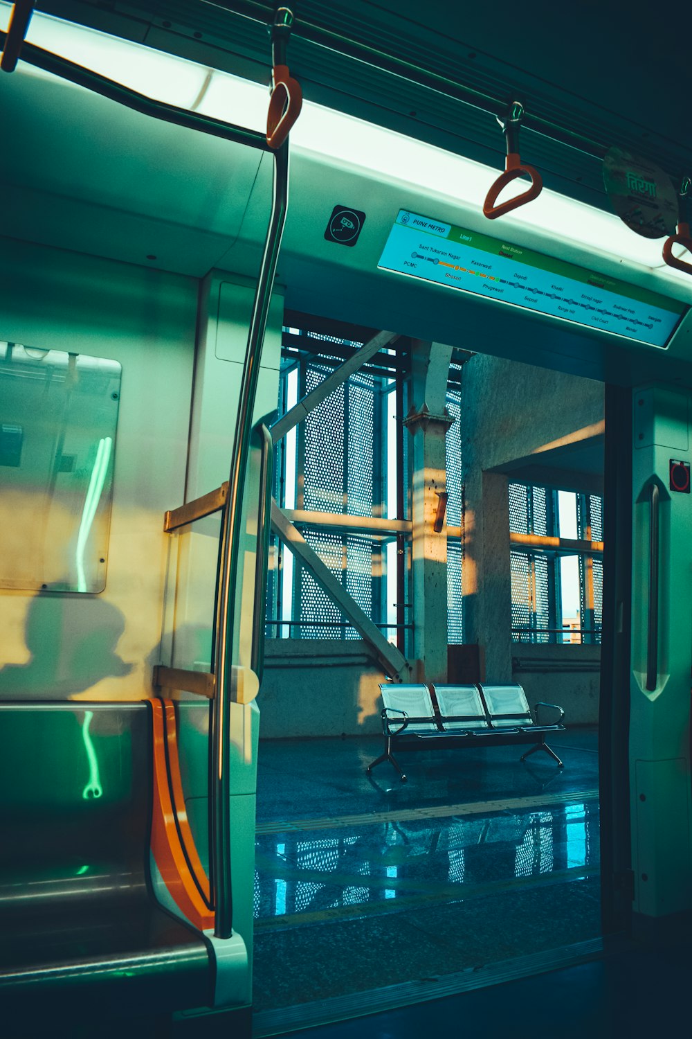 a train with a table and chairs