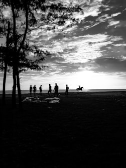 A black and white image capturing a serene beach scene during sunset. Silhouettes of multiple people are visible along the shoreline, and a person is riding a horse near the horizon. Trees frame the image on one side, and the sky is filled with dramatic clouds and soft sunlight reflections on the water.