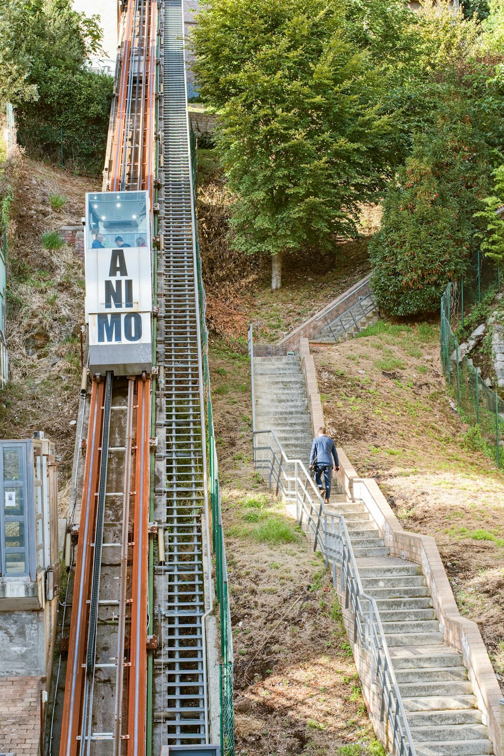 a person walking up a set of stairs