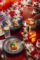 A stylish catering setup with premium tableware and fresh, colorful ingredients.