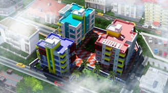 A panoramic shot of a residential complex in Dwarka highlighting the blend of blue and yellow tones.