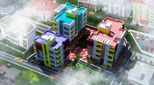 A panoramic shot of a residential complex in Dwarka highlighting the blend of blue and yellow tones.