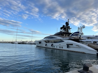 A luxurious yacht is docked at a marina under a partly cloudy sky. The yacht features sleek design elements with white hull and dark accents. Several other boats are also moored nearby, and there is a visible pier in the background.