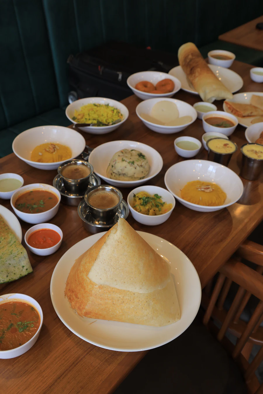 South Indian tiffin spread on a restaurant table