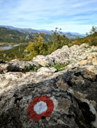 Close-up of a plot boundary marker with scenic hills in the background.
