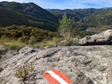 A scenic view of a lush, green mountainous landscape with a winding river visible in the distance. The foreground features rocky terrain with patches of grass and a red and white trail marker painted on a rock. Dense forests cover the hills under a clear blue sky.