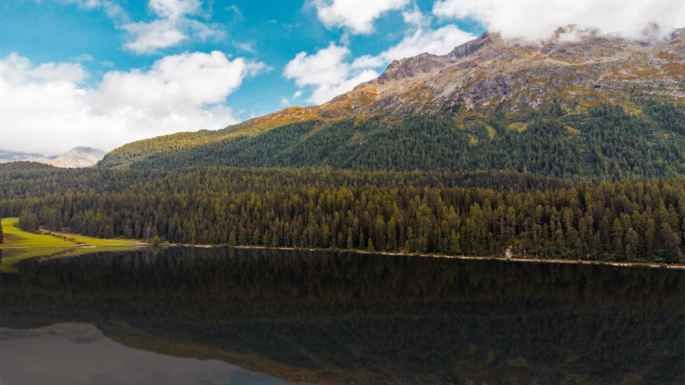 a lake with trees and mountains in the background