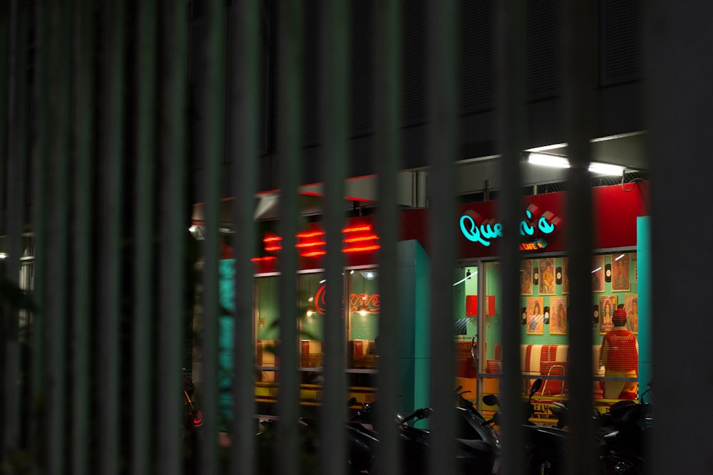 a building with neon signs