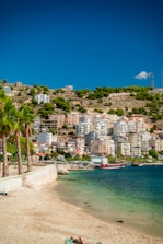 a beach with a city on the other side of it