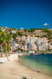 a beach with a city on the other side of it