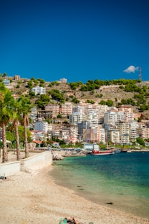 a beach with a city on the other side of it