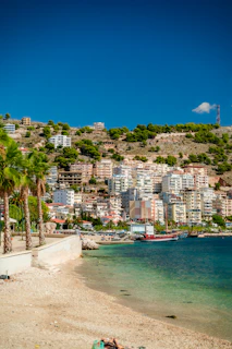 a beach with a city on the other side of it