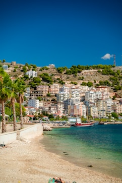 a beach with a city on the other side of it
