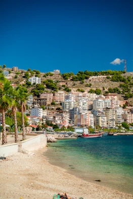 a beach with a city on the other side of it