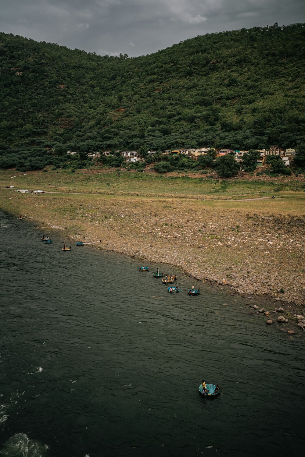 a group of boats on a river