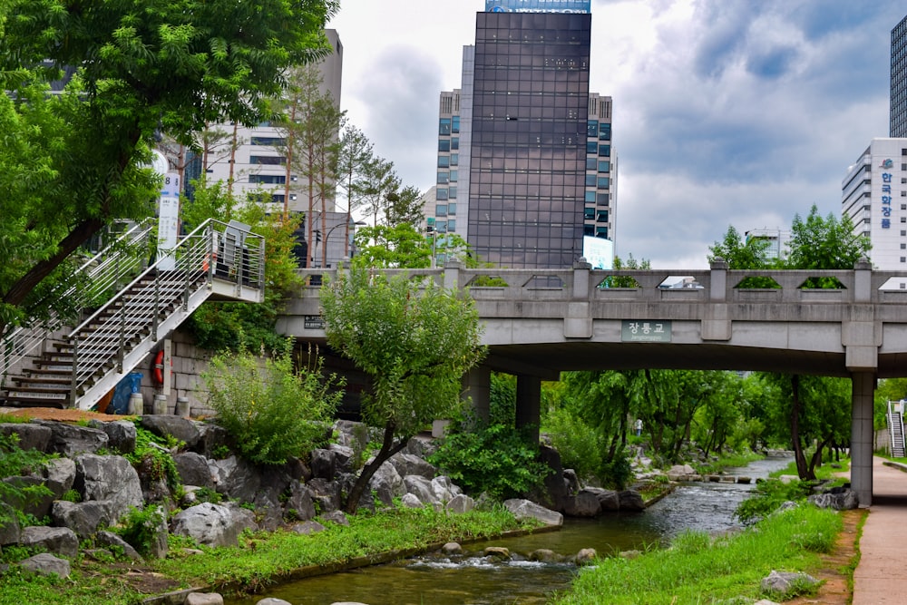 a bridge over a river with buildings in the background