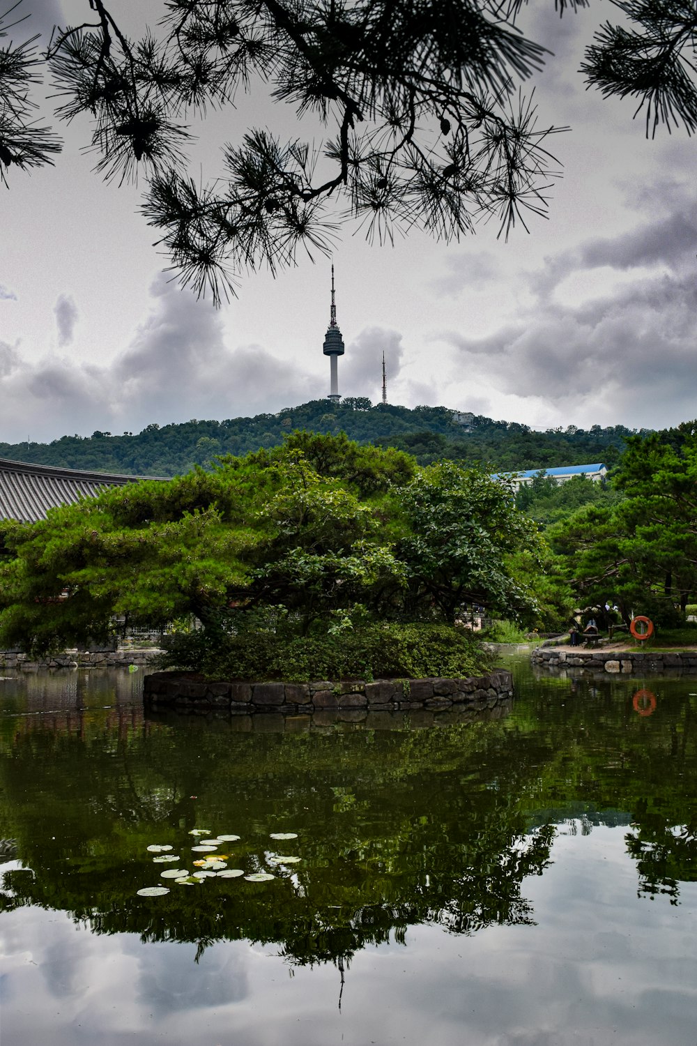 a body of water with trees and a tower in the background