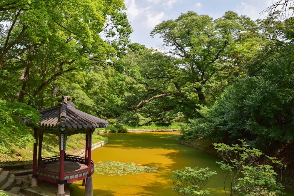 a pagoda in a pond
