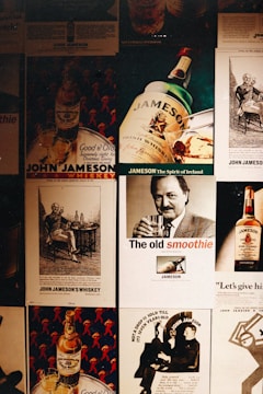 A collage of vintage advertisements featuring John Jameson whiskey, showcasing various styles of advertising with illustrations and photographs. The artwork highlights bottles and glasses of whiskey, along with men enjoying the drink.