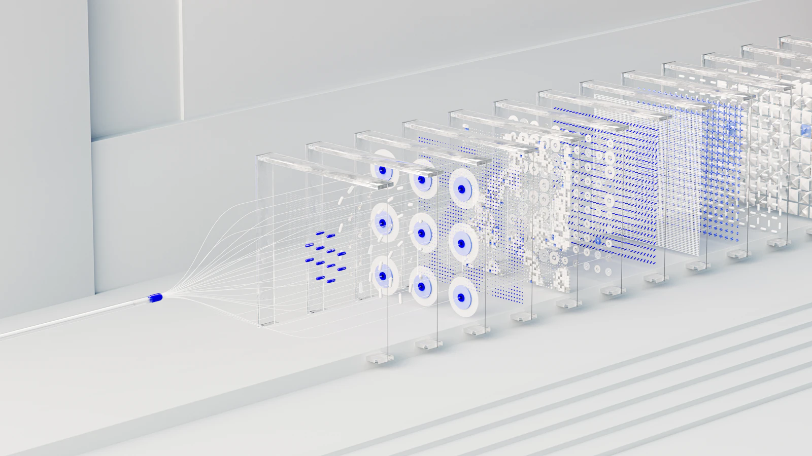 Compute and server infrastructure rendered in glass and light blue accents on a clean white floor.