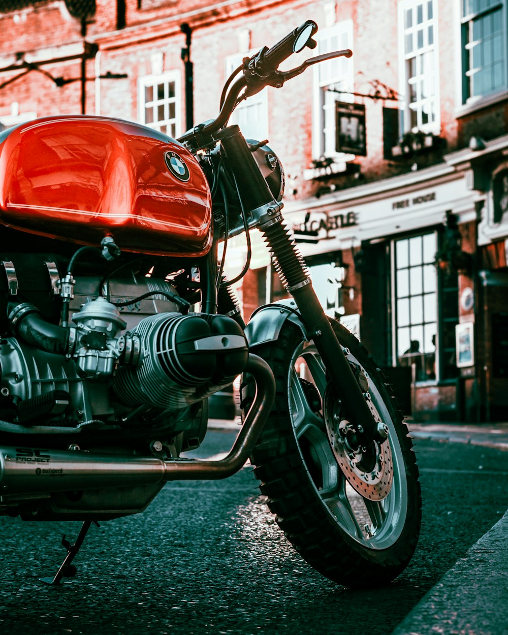 a motorcycle parked on the side of a street