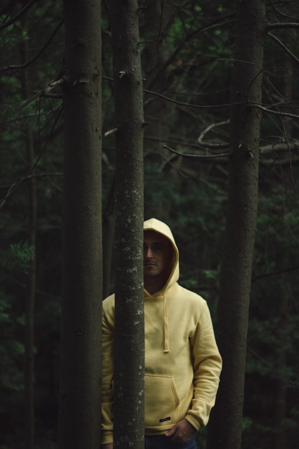 a man wearing a hoodie and standing in a forest