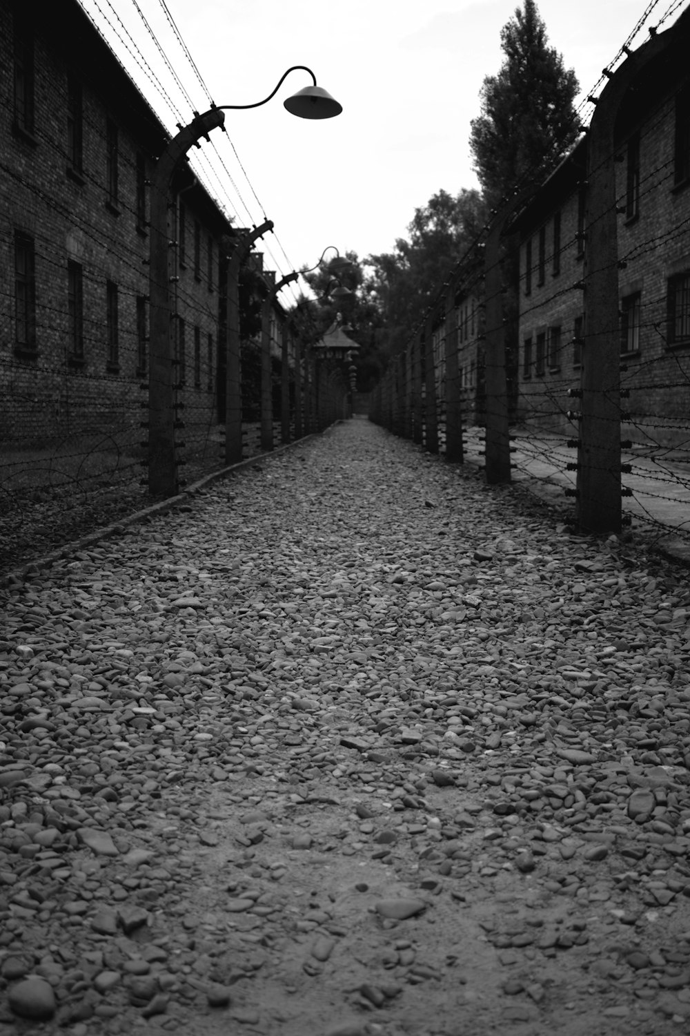 a cobblestone street with buildings on either side of it with Auschwitz concentration camp in the background