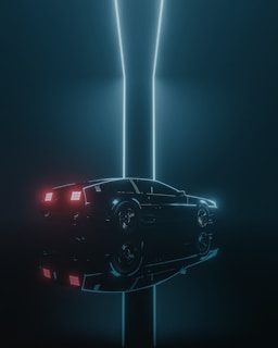A futuristic car is positioned in a dark setting with neon lighting. The car's red taillights are illuminated, and it is reflected on a glossy surface. A vertical light strip is present behind the car, adding to the sci-fi aesthetic.