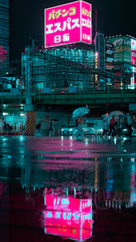 A neon-lit Tokyo street shimmering under a gentle nighttime rain.