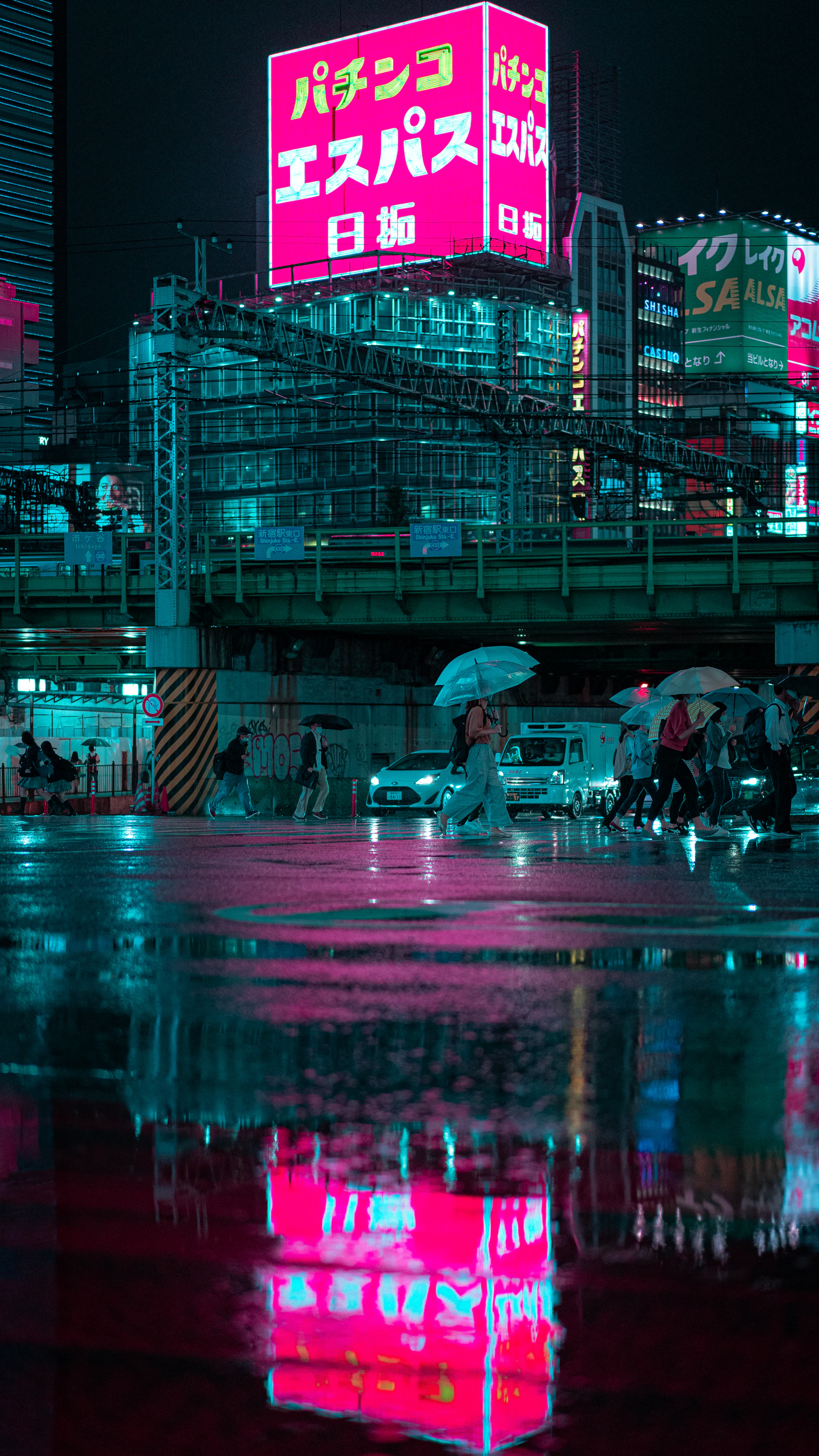 A moody twilight shot of Tokyo's Shibuya Crossing, with glowing neon signs reflecting off wet streets, capturing the city's vibrant pulse.