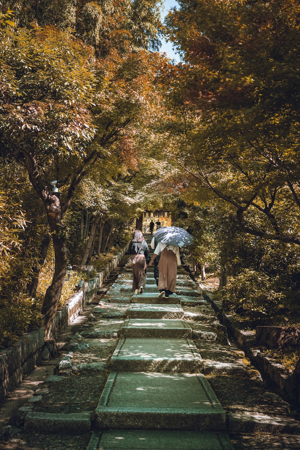 a couple walking down a stone staircase with an umbrella