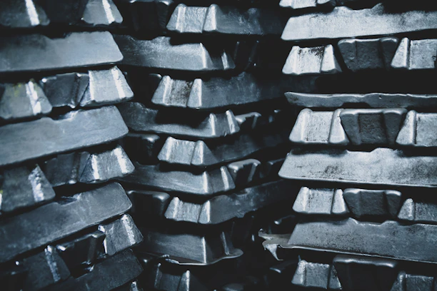 Close-up of shiny copper cathodes stacked neatly in a warehouse.