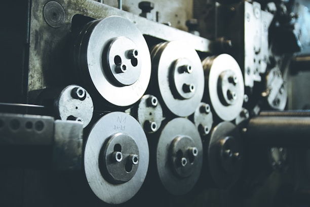 A collection of refurbished machinery in an industrial setting.