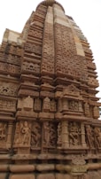 The image depicts an intricately carved stone temple wall with multiple layers of decorative sculptures and architectural details. The carvings include human figures, deities, and mythical creatures, showcasing traditional Indian art and craftsmanship.