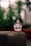 A small, transparent glass figurine of a deity sits on a textured stone surface. The background is a soft blur of greenery, which gives a natural and serene setting.