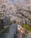 A smiling couple enjoying a serene moment by a cherry blossom-lined river in Kyoto.