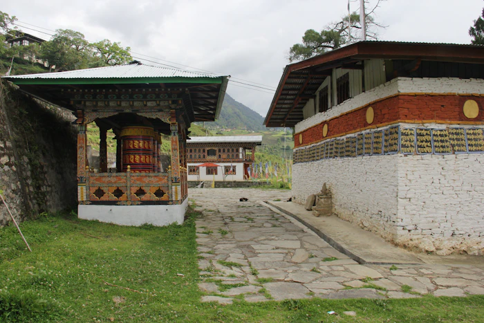 Stone path leading to a Bhutanese temple