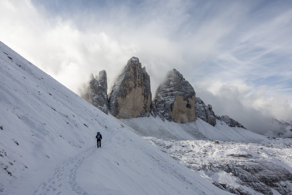 a person walking on a snowy mountain