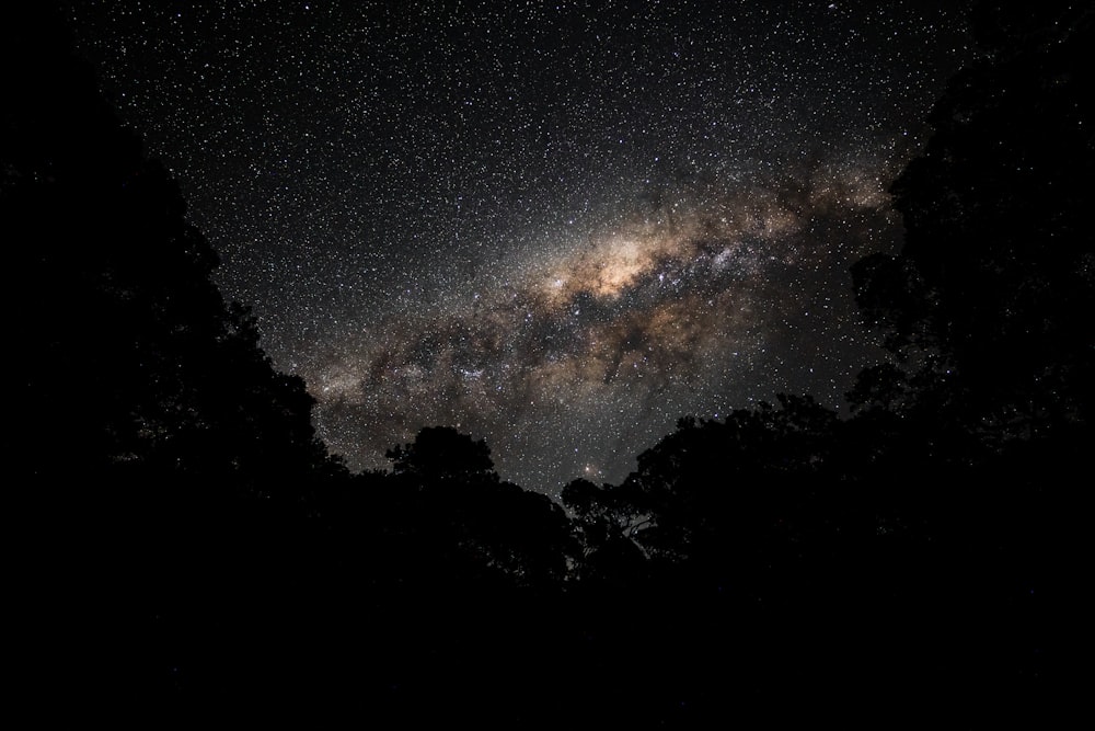 a starry night sky with a bright light in the middle