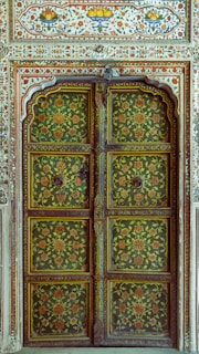 Charming door decor featuring vibrant colors and patterns.
