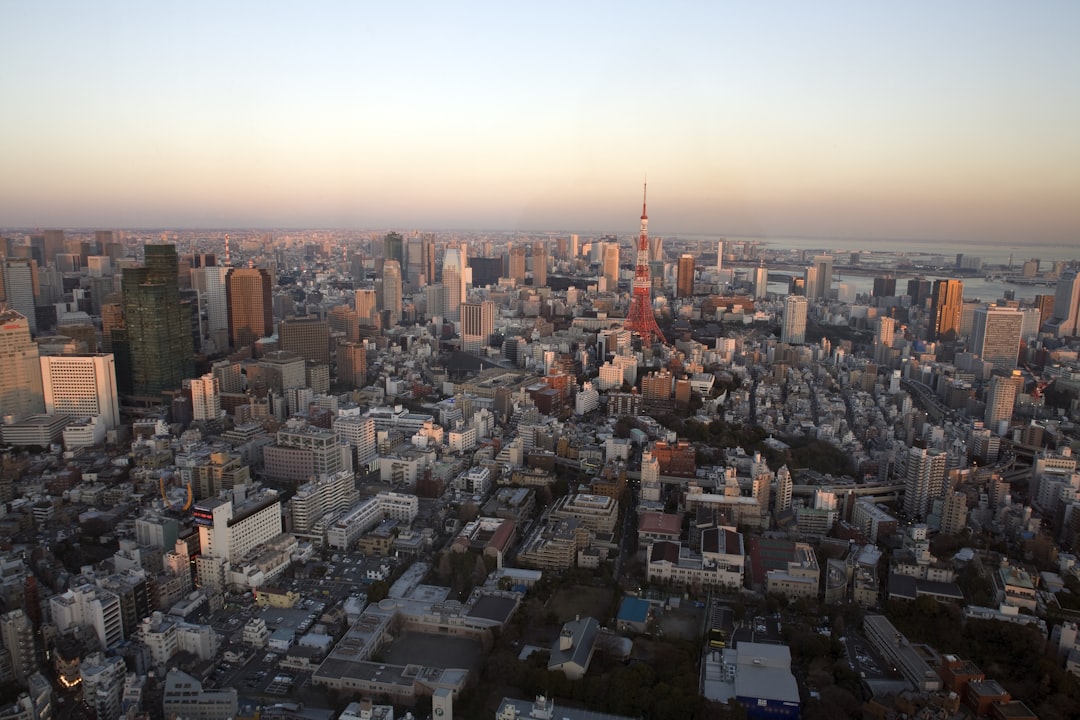 a city with a tall tower, Tokyo skyline taken in light afternoon.