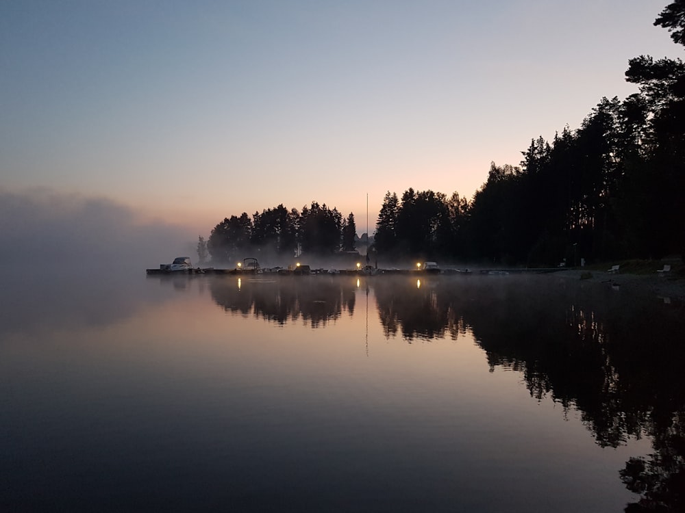 a body of water with trees and a boat in it