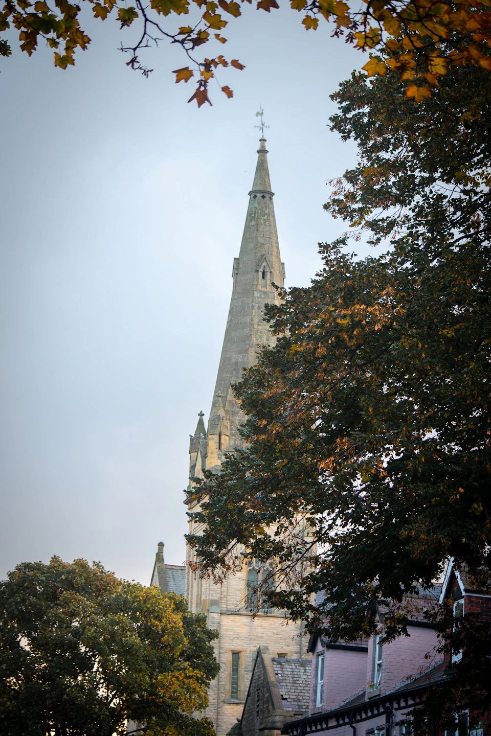 The image depicts a serene scene featuring a tall, gray stone church with a pointed spire and a cross at its pinnacle. The church is nestled amidst lush green trees, creating a harmonious blend of nature and architecture. In the foreground, there are two houses visible, one on each side of the church, adding to the quaint charm of the scene.