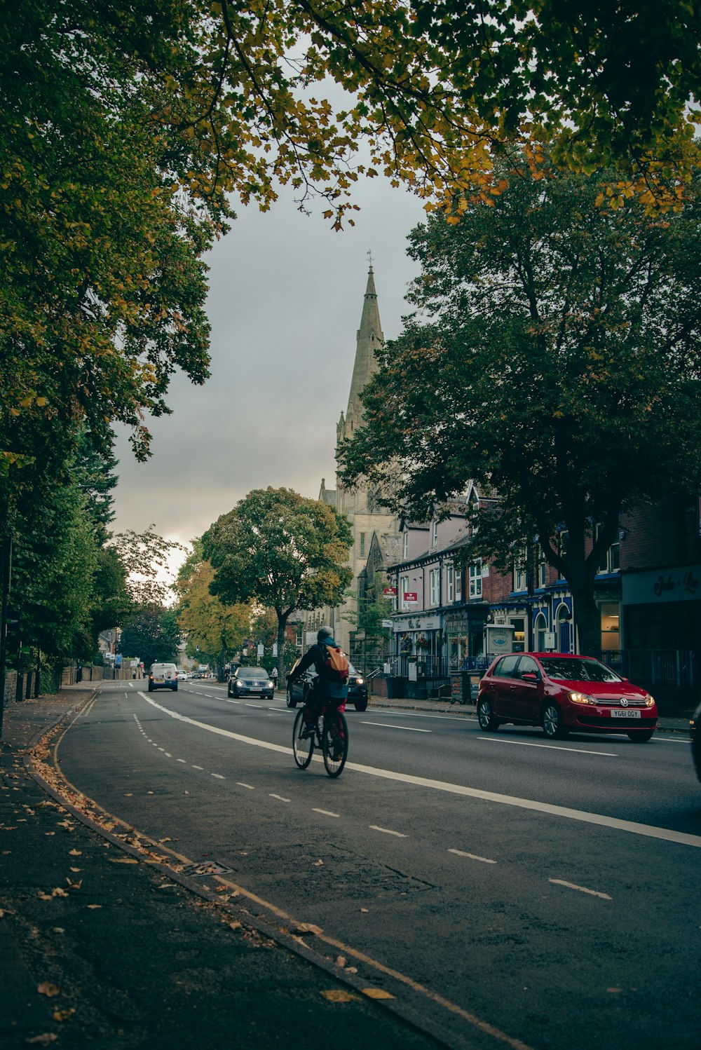 a person riding a bicycle on a street with trees and buildings