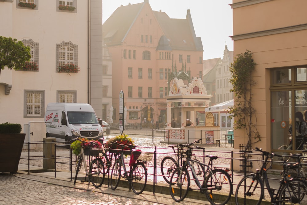 bicycles parked on a sidewalk