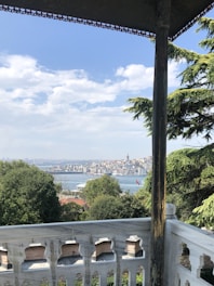 View from hotel balcony overlooking the city skyline