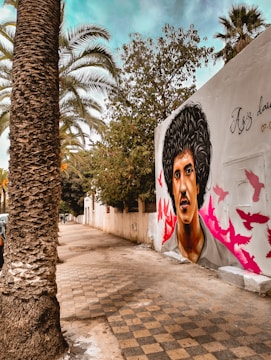 A large, colorful mural depicting a person with curly hair is painted on a white wall. The mural is accompanied by pink silhouettes of birds flying around the figure. A tree-lined sidewalk with palm trees and leafy trees extends into the background, creating a picturesque urban setting.