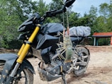 A motorcycle parked outdoors with a large lobster tied to its side. The motorcycle has a black frame with gold forks, and there is a package wrapped in plastic on the seat. The background features dense green trees and a small red and blue structure.